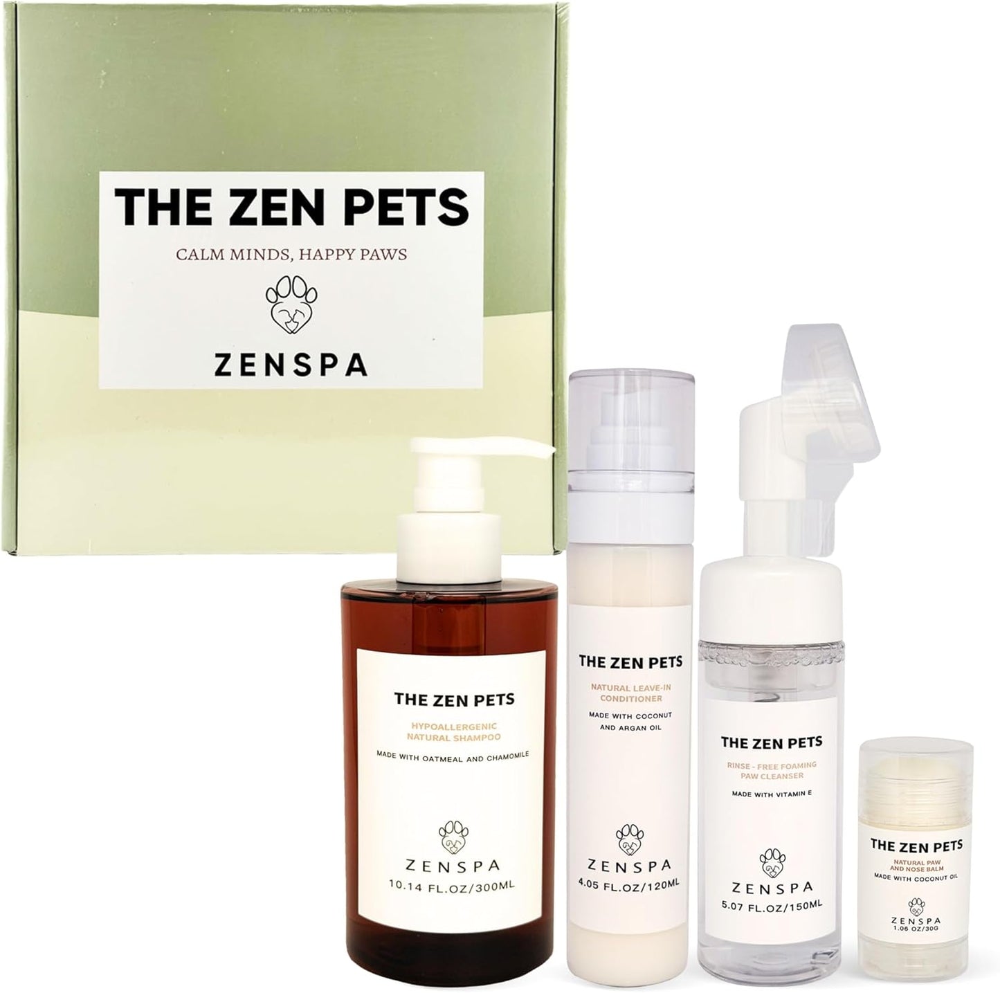 ZenSpa 4-in-1 Dog Spa Kit | Oatmeal Shampoo, Conditioner, Paw Cleaner and Nose Balm | Hypoallergenic Natural Formula for Sensitive Skin | All Breeds and Puppies