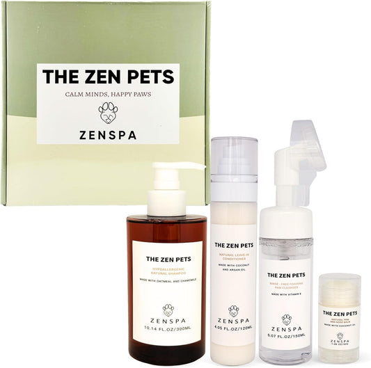 ZenSpa 4-in-1 Dog Spa Kit | Oatmeal Shampoo, Conditioner, Paw Cleaner and Nose Balm | Hypoallergenic Natural Formula for Sensitive Skin | All Breeds and Puppies