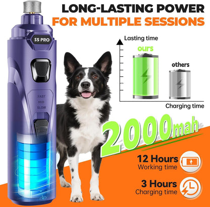 Whisper Quiet Dog Nail Grinder with 4 LED Lights, Safe & Stress-Free for Sensitive Dogs Cats of All Breeds & Sizes, 3 Grinding Bits, 3-Speed, Pet Nail Trimmers, Rechargeable Painless Grooming Kit