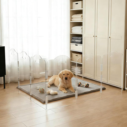 Clear Acrylic Dog Gate Indoor, Free-Standing Pet Gate, 24" Height (Size M) Foldable 4 Modular Panels, Dog Fence for Doorways, Hallways, Stairs, No Drilling, Perfect for Puppies and Small Pets