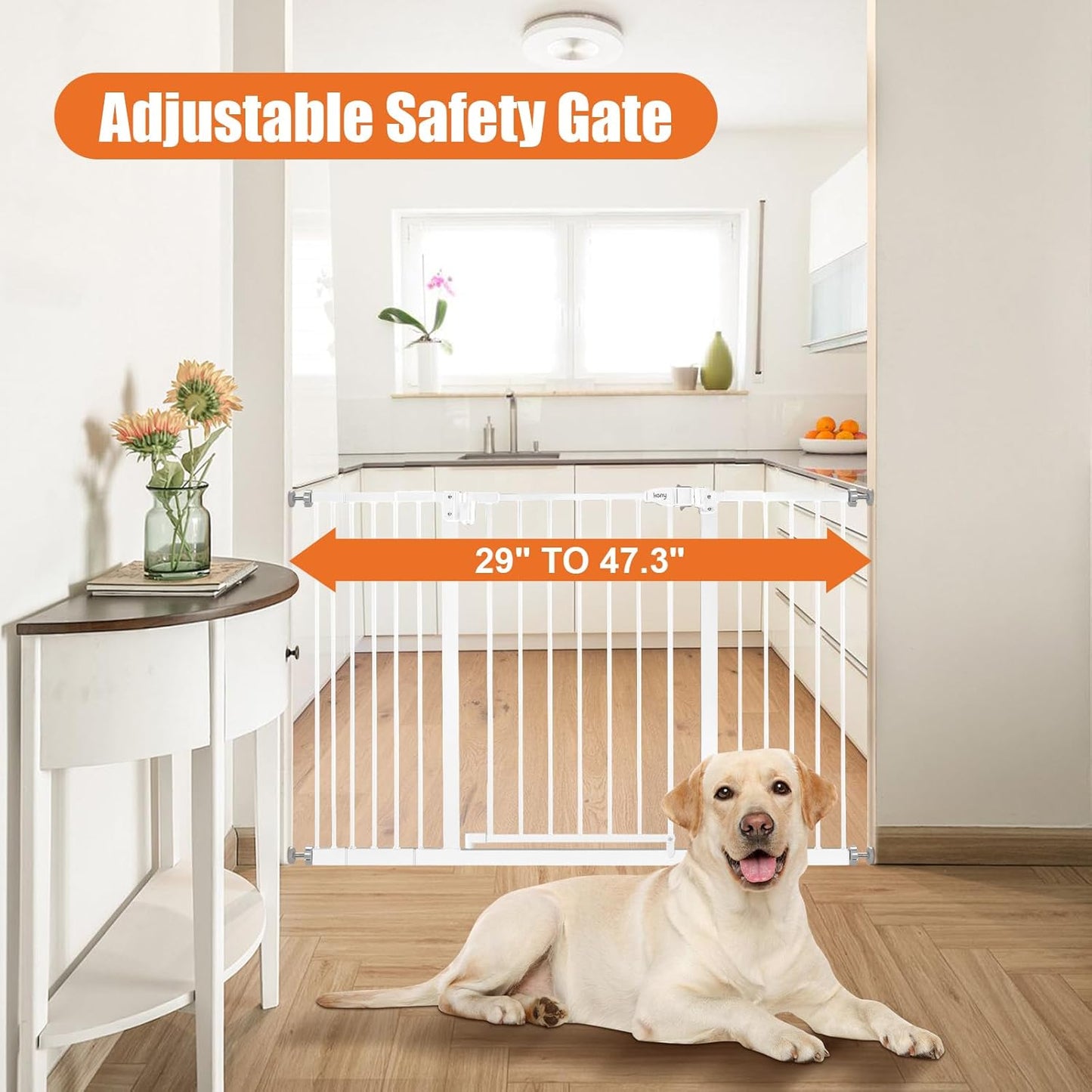 keny 29"-42.5" Baby Gate for Stairs, Auto Close Safety Dog Gate, Pressure Mounted Easy Walk Through Pet Gate for Doorways, Durable Stair Gate, 30" Tall, White