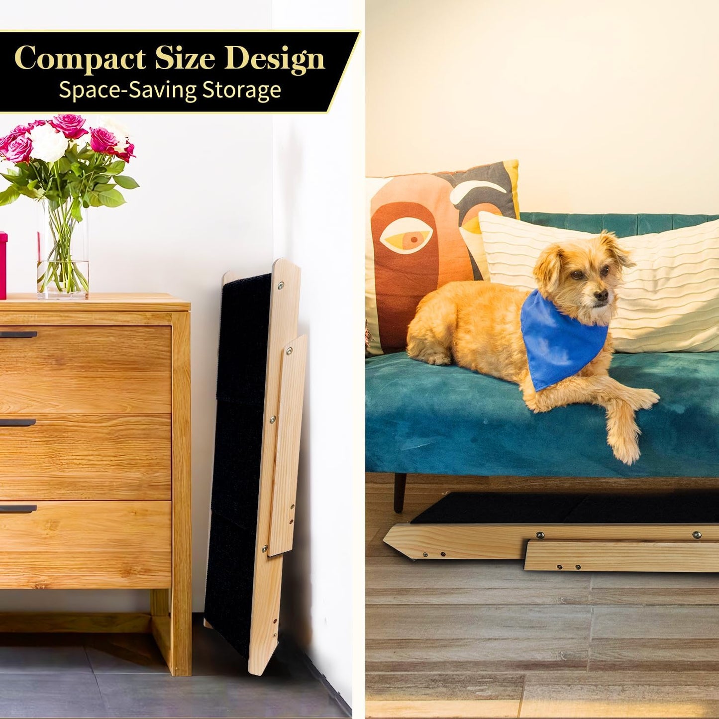 BRIKY 2-in-1 Dog Stairs/Ramp with 4 Steps, Foldable Dog Stairs for High Beds Cars Couch, Durable Wooden Pet Stairs for Small Medium Large Dogs, No Assembly Required