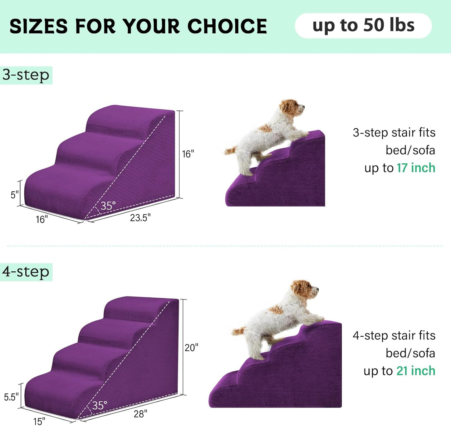 Mesa Lemon Dog Stairs & Steps for High Beds, 3 Steps High Density Foam Waterproof Dog Ramp for Small Dogs and Cats, Pet Stairs with Removable Washable Cover for Bed, Couch, Sofa and Car (H:16")