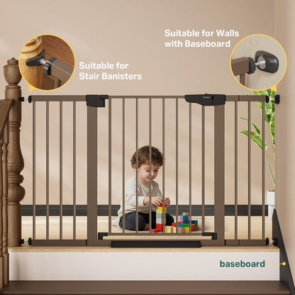 Cumbor 36.6-64" Extra Wide Baby Gate for Stairs, Dog Gates for Doorways, Auto-Close Pet Gate Indoor, Pressure Mounted Walk Through Safety Child Gate for Kids Toddler, Tall Pet Puppy Fence Gate, Brown