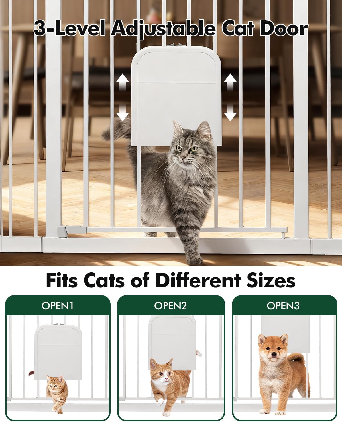 Pet Gate with Adjustable Cat Door, 31–46 Inch Pressure Mounted Dog Gate for Doorways, Stairs and Hallways, Auto Close Walk Through Metal Safety Gate, Easy Install, White