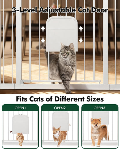 Pet Gate with Adjustable Cat Door, 31–46 Inch Pressure Mounted Dog Gate for Doorways, Stairs and Hallways, Auto Close Walk Through Metal Safety Gate, Easy Install, White