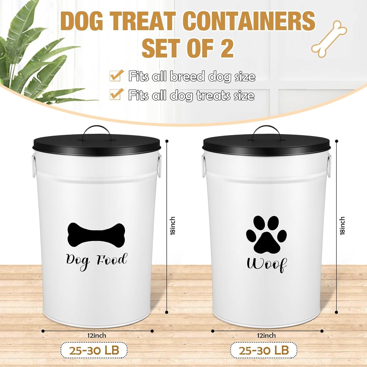 DoubleFill Extra Large 23+10 lbs Metal Dog Food Storage Containers Set of 2 Airtight Dog Treat Snack Jars with Lids and Spoon Farm House Style Big Pet Cookie Jar for Kitchen Counter Gift