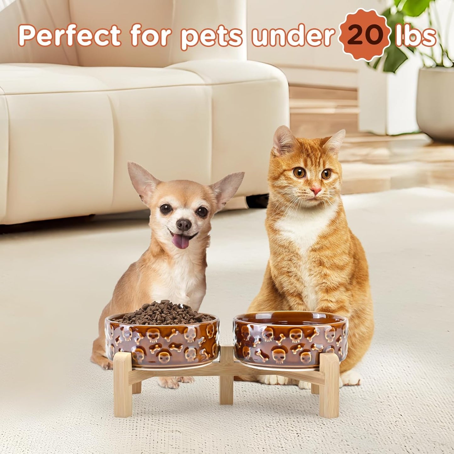 SPUNKYJUNKY Elevated Dog Bowls Ceramic, 6.1'' Dogs and Cat Food Water Bowls Raised with Non-Slip Bamboo Stand for Medium Sized Breed Microwave Dishwasher Safe - 28.7 OZ,Beige