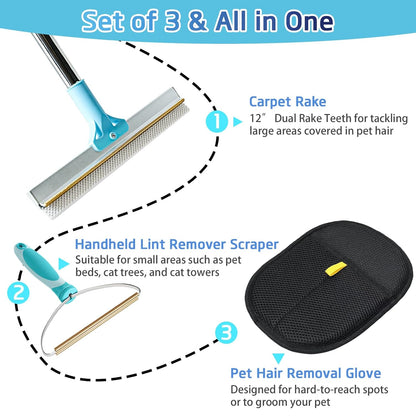 Pet Hair Remover for Carpet, Carpet Rake for Pet Hair Removal with 54" Adjustable Handle, Reusable Dog Hair Remover Broom with Copper Teeth & TPU Brush for Rugs, Couch, Mats and Pet Beds