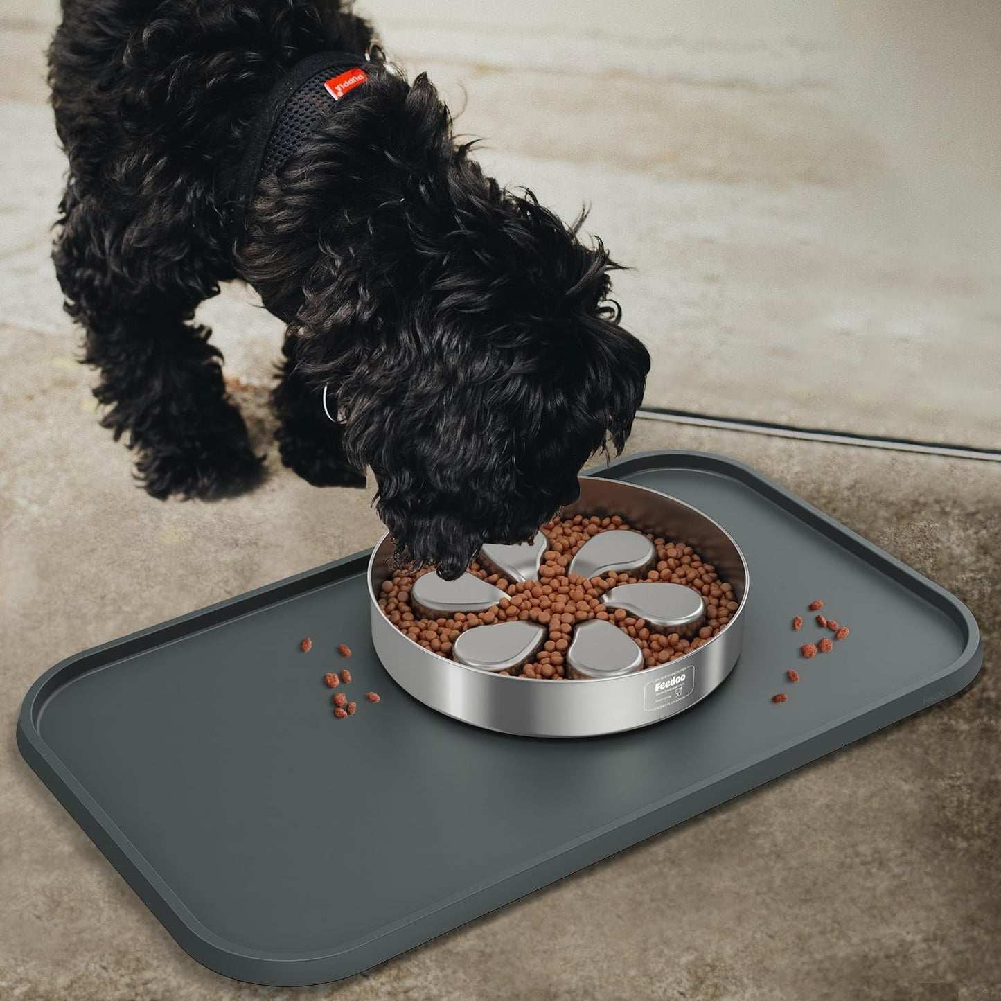 Pet Feeding Mat [Warped Resistant Raised Edge], Water-Proof Silicone Placement for Food Water Bowls, Anti-Slip Base Protect Floor, BPA-Free&Dishwasher-Safe [23.5x13.5inch Large, Gray]