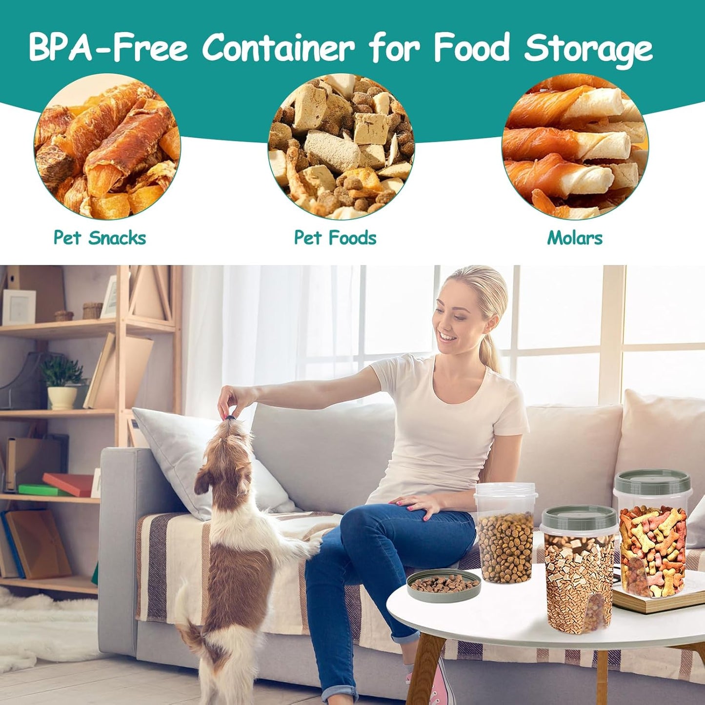 3 Pack Dog Treat Container - Airtight Dog Treat Holder with Lid - Reusable Cat Treat Container - Cute Cat Treat Cookie Container Set - Plastic Pet Dog Cat Food Storage Container