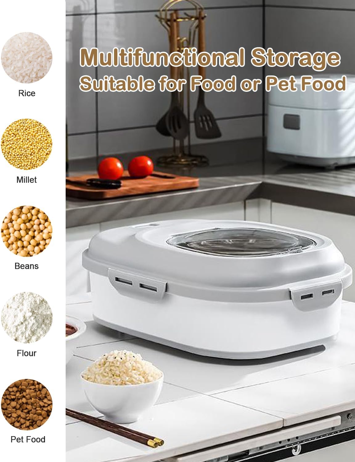 20-30 Lbs Rice Storage Container,Collapsible Food Storage Containers with Rolling Wheel Airtight Locking Lid,Flour Storage Container with Cup and Scoop,Suitable for Food,Rice,Pet Food,Flour