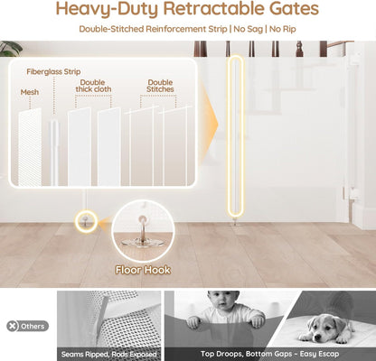 Miumoon One-Hand Operation Retractable Baby Gates, 71 inch Retractable Gate with Reinforced Strip Design to Prevent Crawling Through, 6 FT Retractable Dog Gate for Stairs, Doorways, Hallways