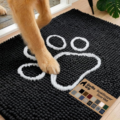 GORILLA GRIP SoakSTOPPER Dog Door Mat, 30x20 Machine Washable Rug Absorbent Doormat Captures Moisture Mud Dirt, Quick Dry Soft Chenille Entryway Rugs Indoor Entrance Mats for Dog Paws, Paw Grey