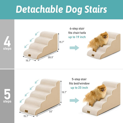 COZY KISS Dog Stairs for Small Dogs 15.7" H, 4-Step Sturdy Foam Dog Steps for Couch and Bed, Curved Pet Stairs for Puppy and Older Cat, Doggie Ladder with Washable Cover, 15.7x28.3x15.7 inch, Beige