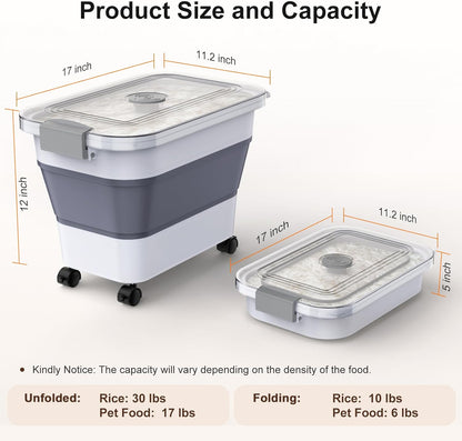 Komzon Rice Storage Container, Collapsible Airtight 10-40 Lb Rice Storage Container, 25lb Pet Dog Food Storage Container, Rice Dispenser Bin with Cup and Scoop for Flour Cereal Pasta Grain, Cat Bird