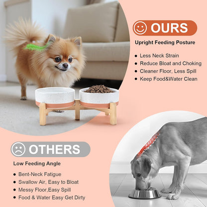 SPUNKYJUNKY Elevated Dog Bowls Ceramic, 6.1'' Dogs and Cat Food Water Bowls Raised with Non-Slip Bamboo Stand for Medium Sized Breed Microwave Dishwasher Safe - 28.7 OZ,Beige