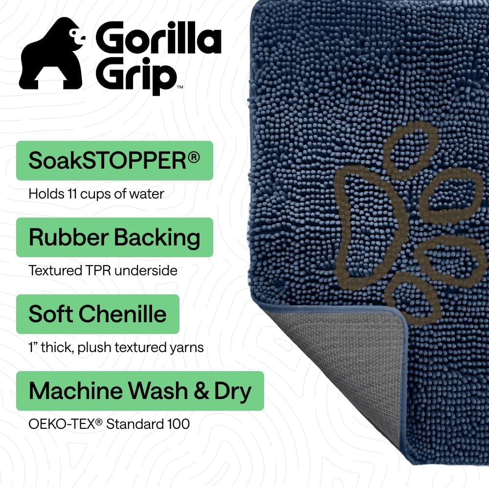 GORILLA GRIP SoakSTOPPER Dog Door Mat, 30x20 Machine Washable Rug Absorbent Doormat Captures Moisture Mud Dirt, Quick Dry Soft Chenille Entryway Rugs Indoor Entrance Mats for Dog Paws, Paw Grey