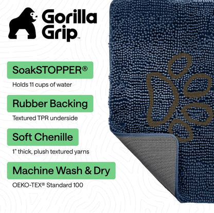 GORILLA GRIP SoakSTOPPER Dog Door Mat, 30x20 Machine Washable Rug Absorbent Doormat Captures Moisture Mud Dirt, Quick Dry Soft Chenille Entryway Rugs Indoor Entrance Mats for Dog Paws, Paw Grey