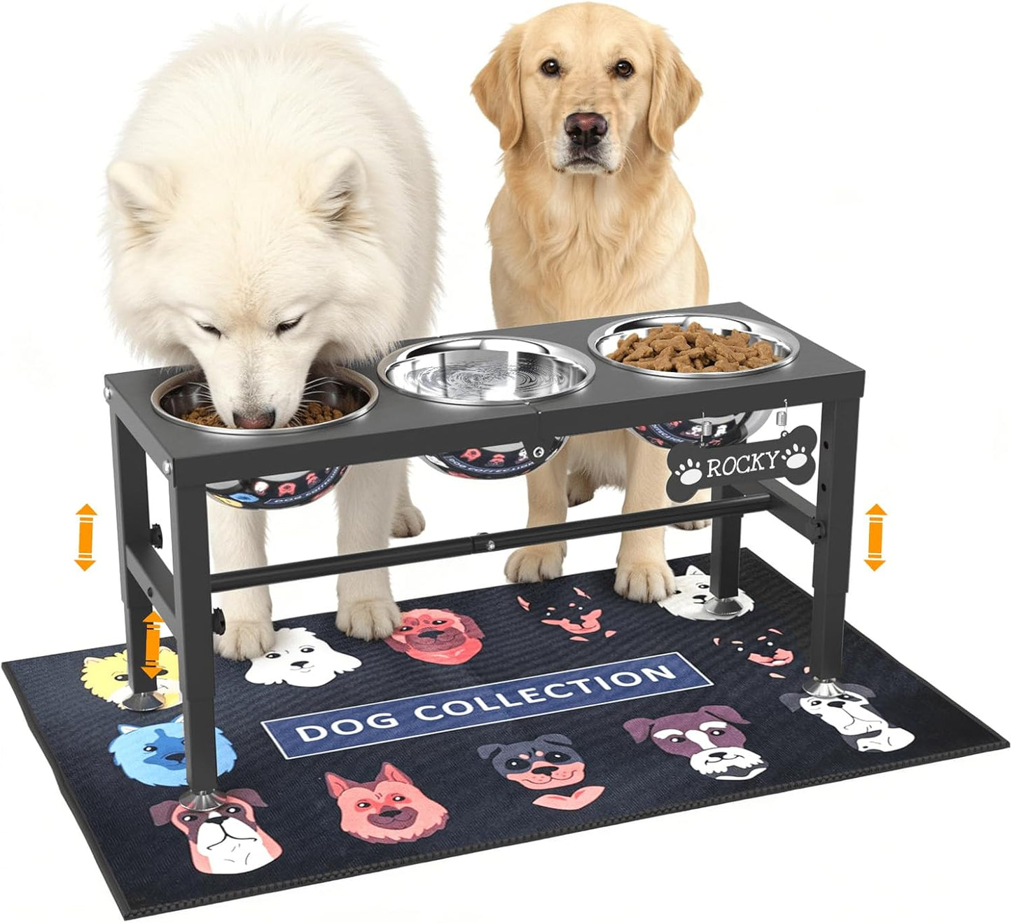 ADENGL Metal Raised Dog Bowl, 10" Tall Elevate Dog Feeder Stand with 2 Stainless Steel 42oz Bowls & 16x24 Non-Slip Mat – Stronger Dogs Food & Water Bowl Stand (Black)