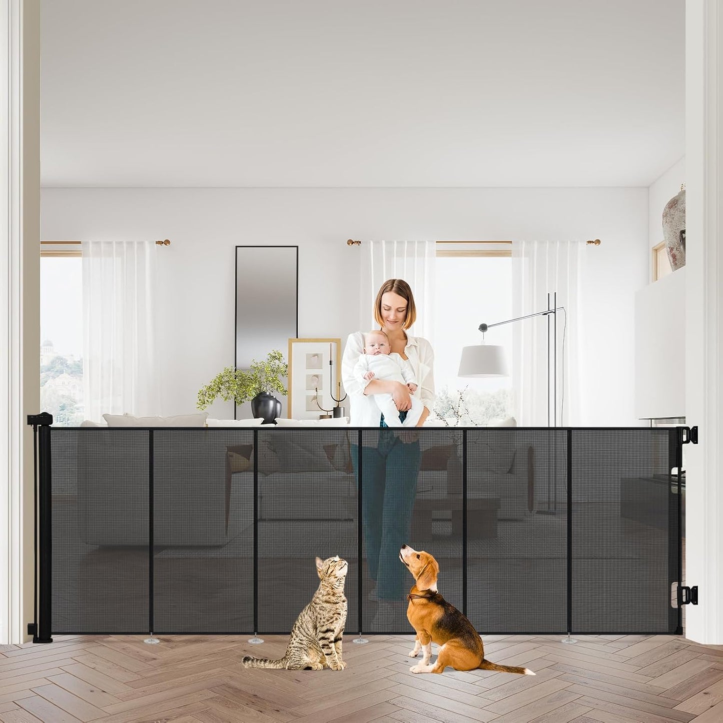 47" Extra Tall Retractable Baby Gates, Extends to 71" Wide, ExtraTall Retractable Safety Gate with Reinforced Strips, Retractable Tall Dog Gates for Doorways Mesh Baby Pet Gates Indoor, Grey