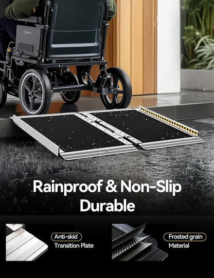 FACHNUO 2 Feet Portable Wheelchair Ramp, Non-Skid Aluminum Handicap Ramps with Handle, Folding Threshold Wheel Chair Ramp for Home Steps, Stairs, Entry, Doorways, Applicable Height 2-6 inches
