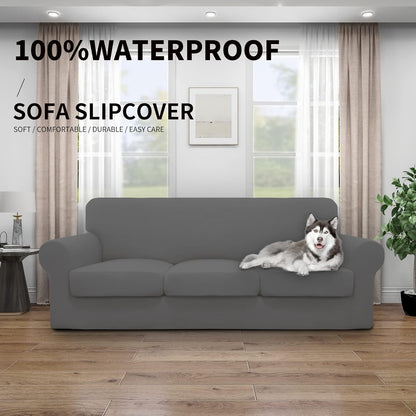Easy-Going 100% Dual Waterproof 4 Pieces Stretch Soft Couch Cover for Dogs, Sofa Slipcover for 3 Separate Cushion Couch Leakproof Furniture Protector for Kids, Pets Dark Gray