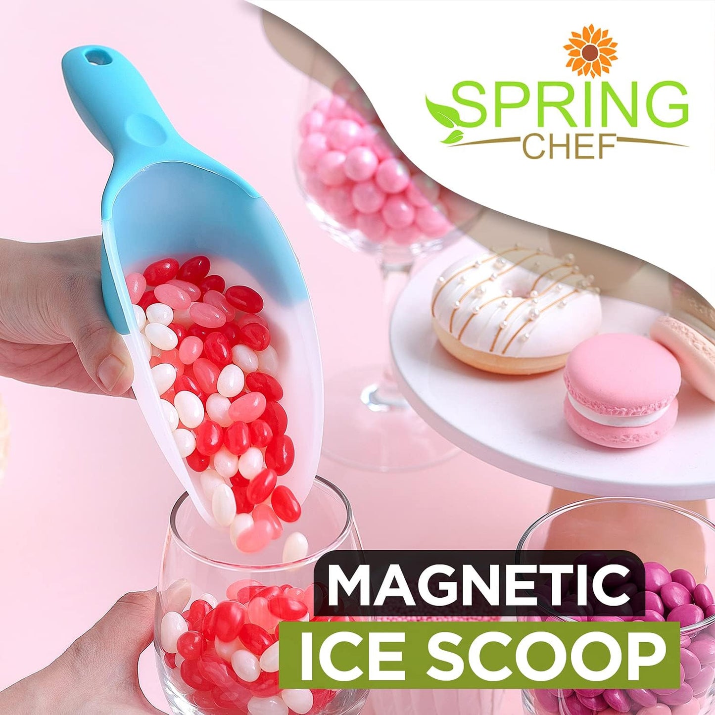 Spring Chef Dog Food Scoop, Contoured Translucent Flexi-Plastic Pet Food Scooper with Soft Grip Handle, Kitchen Magnetic Ice Scoop for Freezer, Ice Machine, Popcorn, Flour, Coffee Bean - Mint