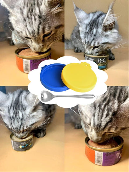 Comtim Cat Food Can Lids, Silicone Pet Food Can Lids Small Cat Food Can Lids Covers for 3 oz Cans, 2 Lids with a Cat Food Spoon
