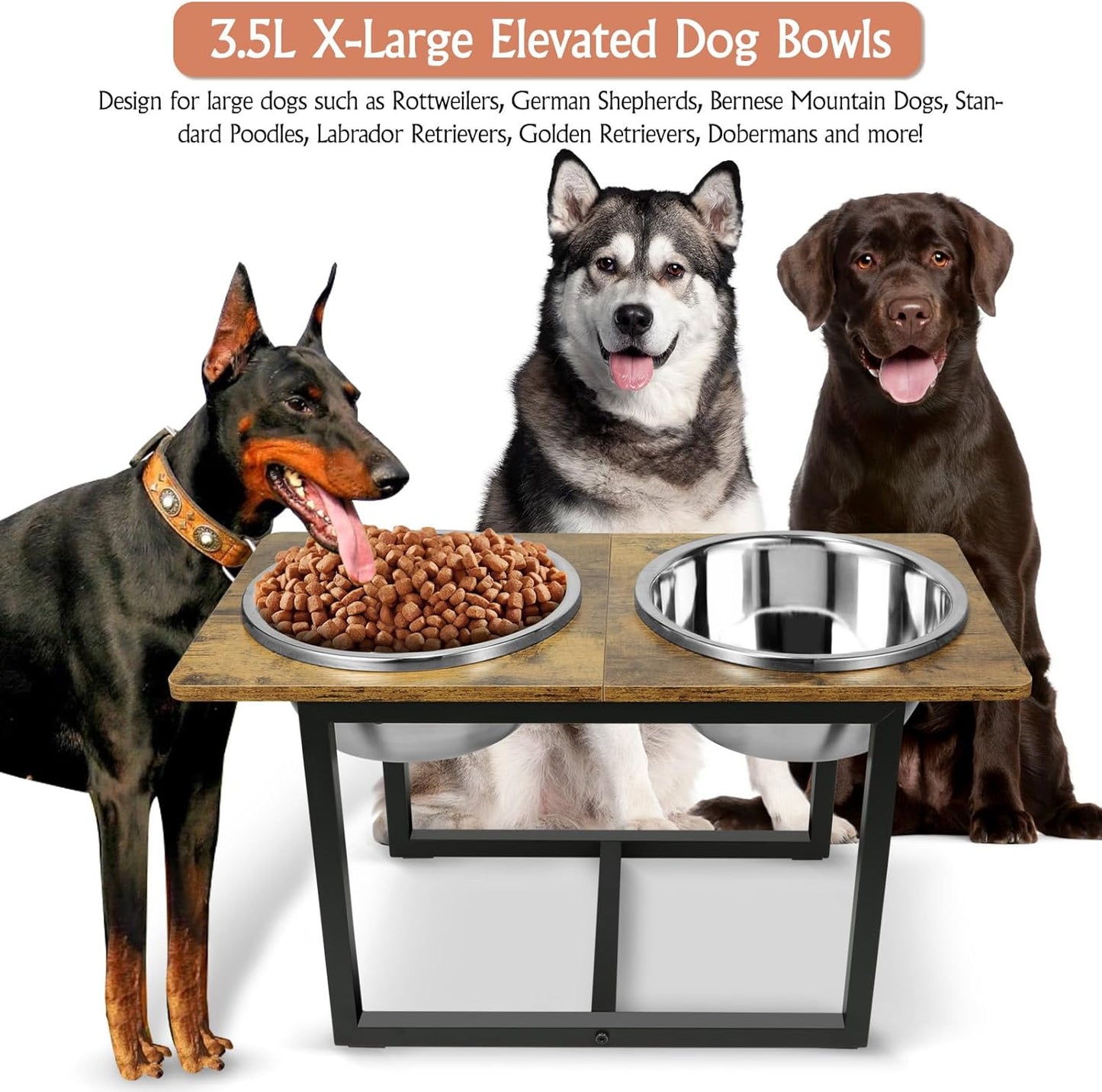 Spacnom Elevated Dog Bowls for Large Dogs, Raised Dog Bowl Stand with Two X-Large Stainless Steel Bowls for Dogs, 3.5L Capacity, Rustic Walnut