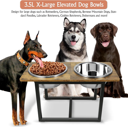 Spacnom Elevated Dog Bowls for Large Dogs, Raised Dog Bowl Stand with Two X-Large Stainless Steel Bowls for Dogs, 3.5L Capacity, Rustic Walnut