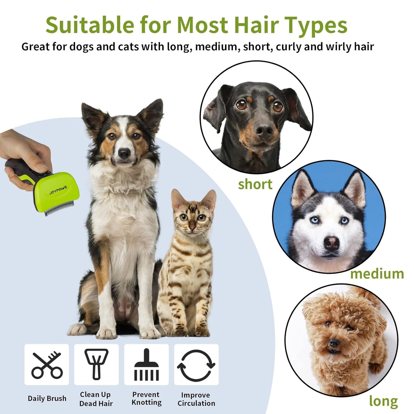Pet Grooming Brush for Dogs and Cats, Self-Cleaning Undercoat Deshedding Tool, Effectively Reduces Shedding by Up to 95%, Long or Short Hair Remover for Grooming, Green, Hair Brush