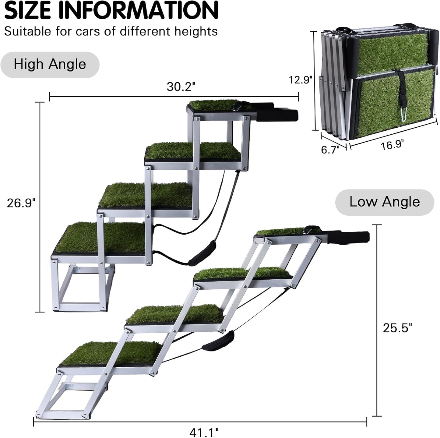 DGSL Dog Ramp for Car, 4-Step Folding Dog Stairs, Aluminum, Black, Supports Up to 250 Lbs