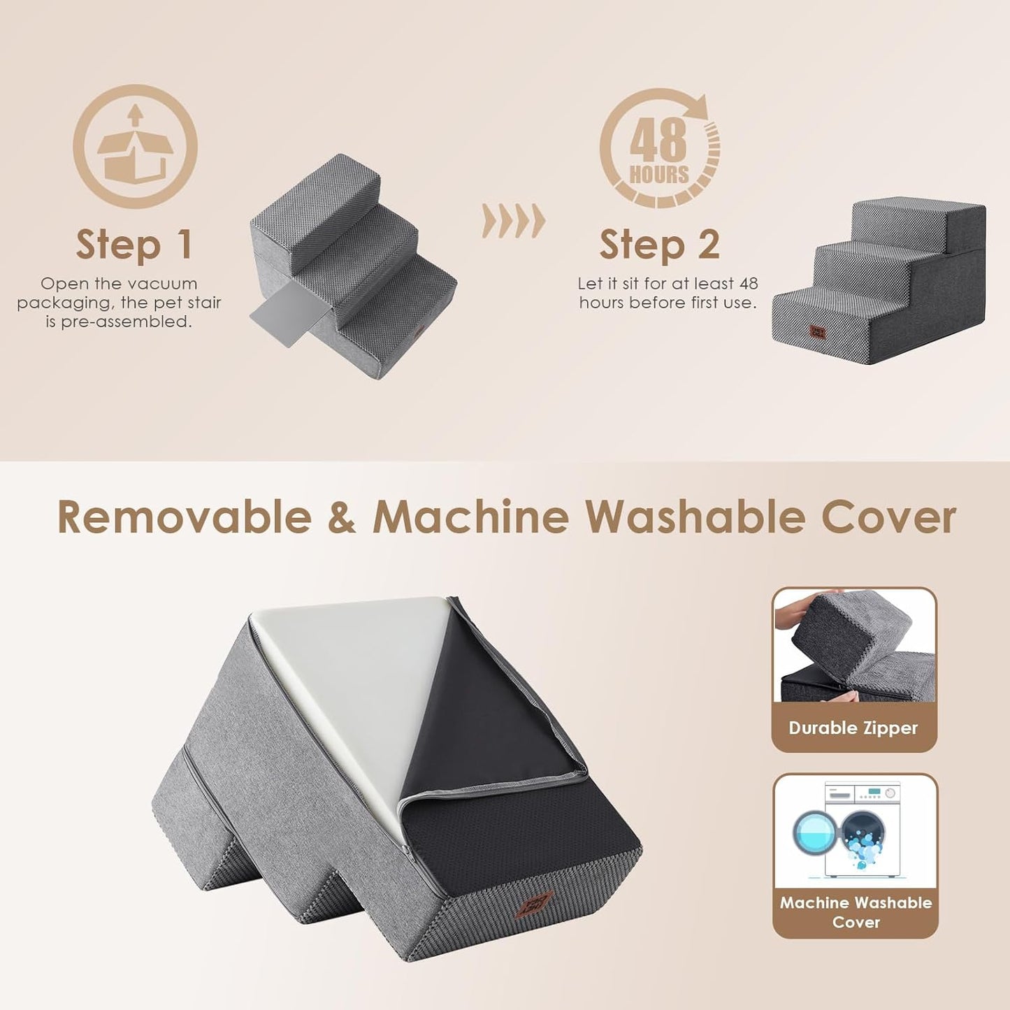 EHEYCIGA Dog Stairs for High Bed 22.5" H, 5-Step Dog Steps for Bed, Pet Steps for Small Dogs and Cats, Non-Slip Balanced Pet Ramp Indoor, Grey