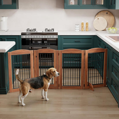 HOOBRO Dog Gate with Door Walk Through, 24.8'' Tall Freestanding Pet Gate with 2 Support Feet, Foldable Dog Fence Indoor, 360° Rotating Hinges, for Doorways, Stairs, Walnut BH85PP03