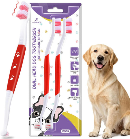 Dog Toothbrush – Newly Upgraded Dual-Head Design with 60° Wavy Bristles – Gently Surrounds Teeth for Deep Cleaning and Plaque Removal – Non-Slip Handle, Ideal for Daily Pet Dental Care (Pink, 1-Pack)