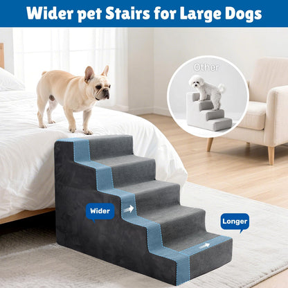 Dog Stairs for Bed, Extra Wide 5-Step Dog Steps for High Bed, High-Density Foam Pet Stairs with Non-Slip Removable Washable Cover for Small Pets, 23" H, Navy