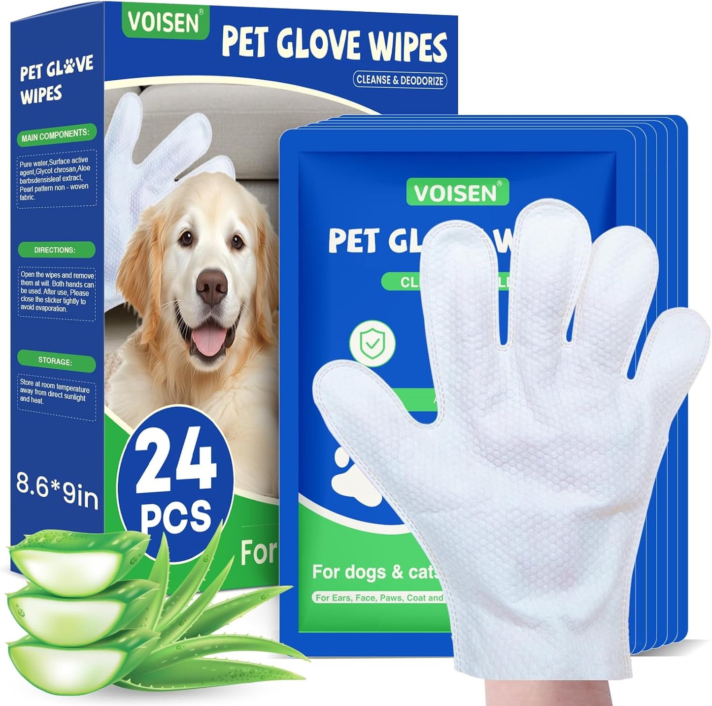 VOISEN 48 Pcs Pet Glove Wipes for Dogs and Cats, Cleaning & Deodorizing Bathing Grooming Wipes,Unscented Thick Nourish Fur Glove Wipes for Pet Dry Cleaning,Daily Care and Travel