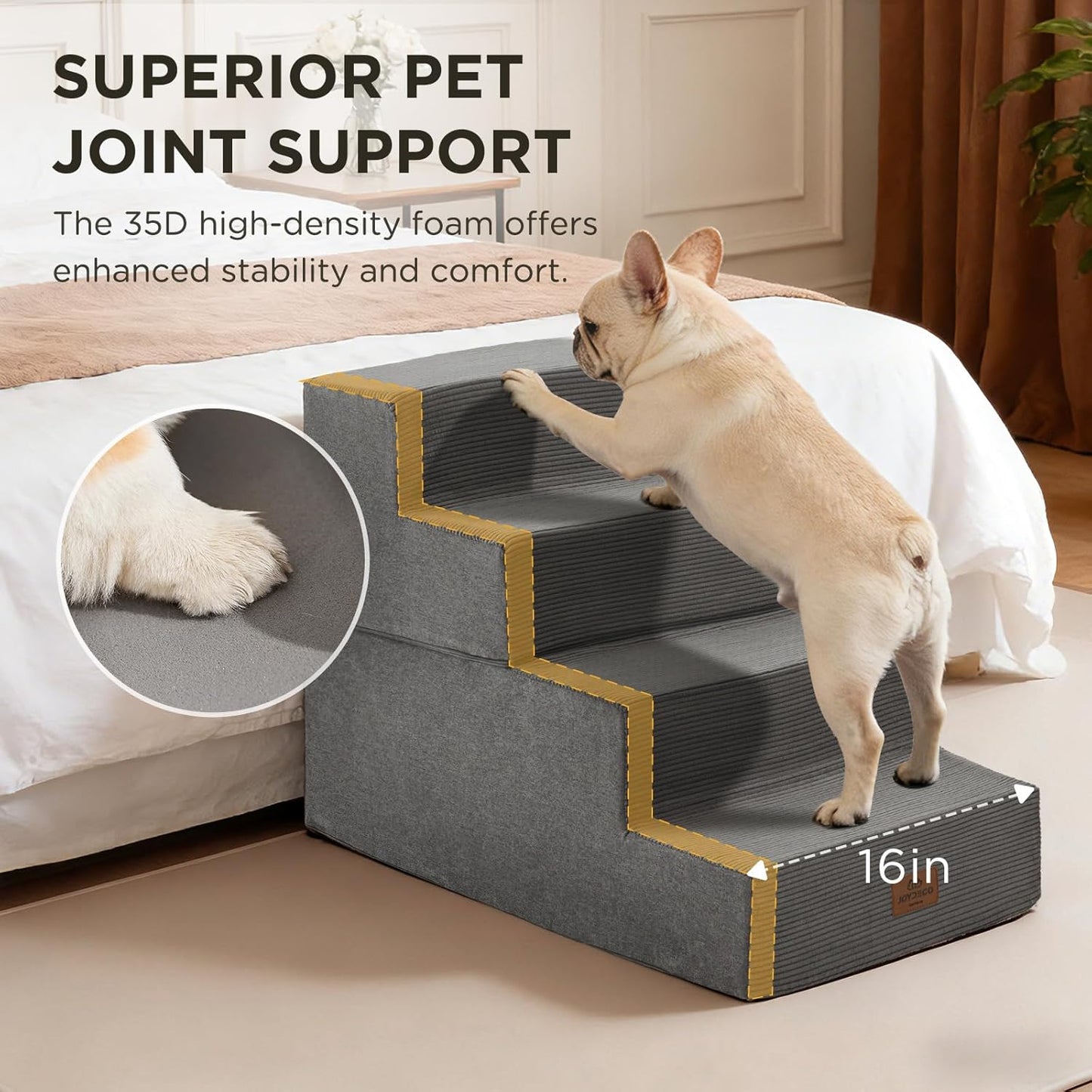 Joydeco Dog Stairs for Bed 15" H, 3-Step Pet Steps for Small Dogs and Cats, Dog Steps for High Bed, Non-Slip Balanced Ramp Indoor Pet Stairs, Beige
