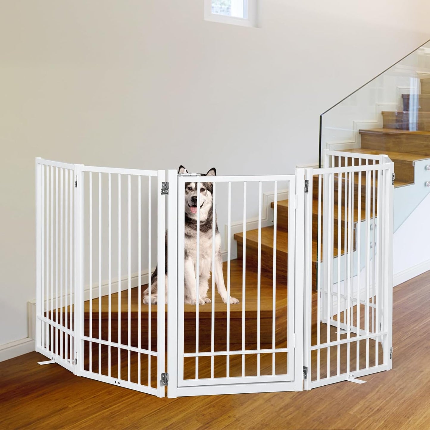 Metal Freestanding Dog Gate with Door, Extra Wide 81", 31" Height Foldable Dog Gates for Doorways, Tall Pet Fence Indoor Pet Gates, 4 Panels Pet Barrier for Stairs Hallways, Black