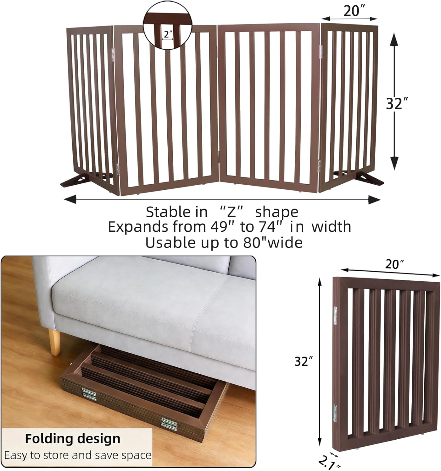 ZJSF Freestanding Indoor Dog Gate for House Foldable Wood Puppy Gate for Doorways Pet Gate for Stairs Extra Wide Pet Fence, Brown, 24" Height 3 Panels