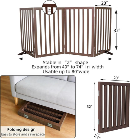 ZJSF Freestanding Indoor Dog Gate for House Foldable Wood Puppy Gate for Doorways Pet Gate for Stairs Extra Wide Pet Fence, Brown, 24" Height 3 Panels