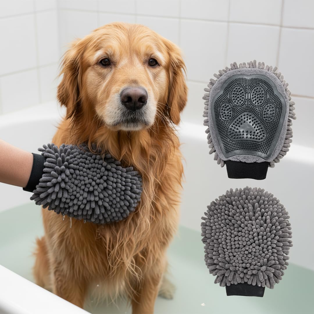 Muddy Mat® Dog Washing Gloves – Dual-Sided Pet Grooming Mitt with TPR Brush & Chenille Microfiber – Dog Wash Mitt for Bathing, Drying & Dirt Removal – Pet Bath Gloves for All Coat Types