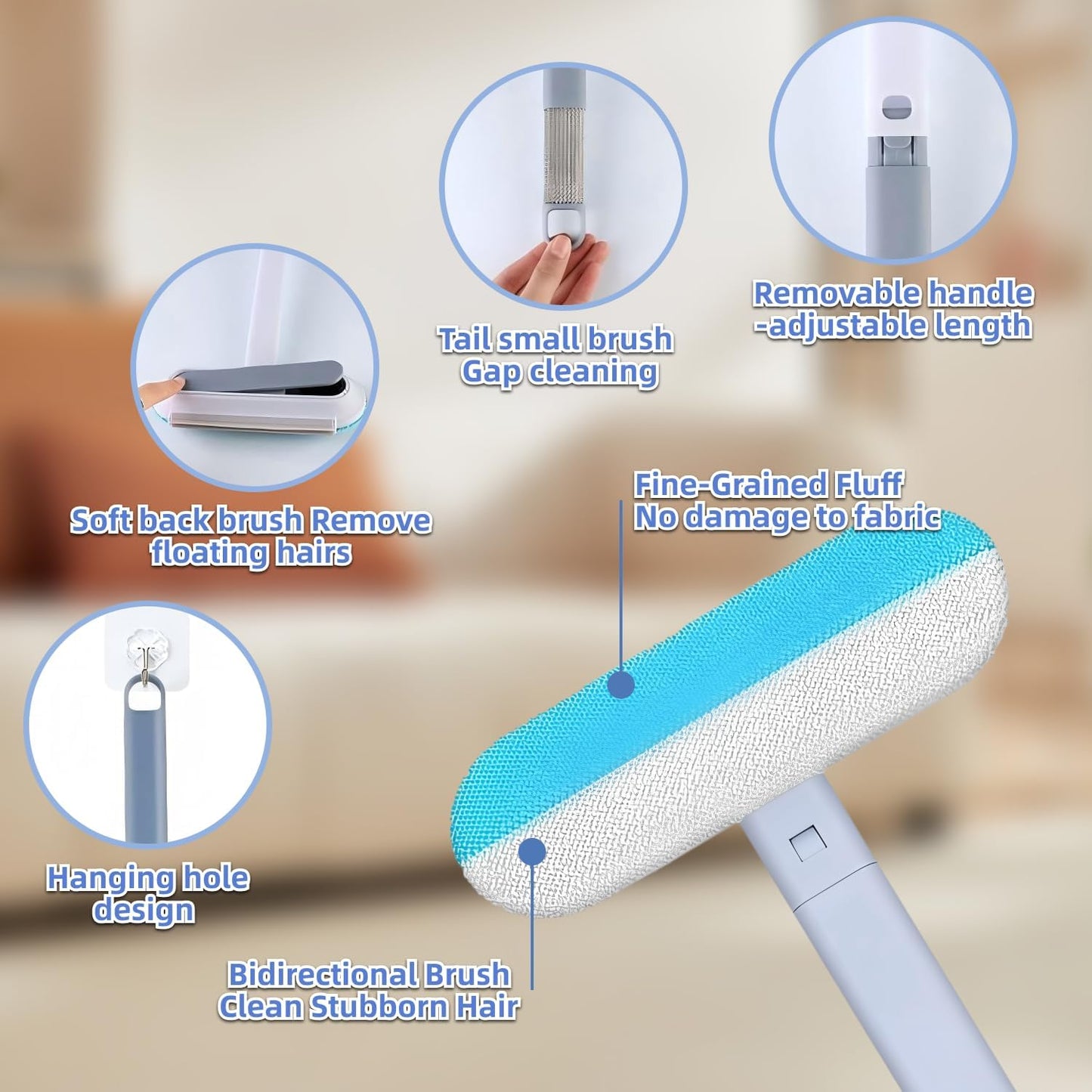 4 in 1 Pet Hair Remover - Washable & Reusable Long-Handle Tool, Gentle Removal for Dog/Cat Hair on Couch, Carpet, Furniture - Also Works for Window & Tile Cleaning (17.3inch)
