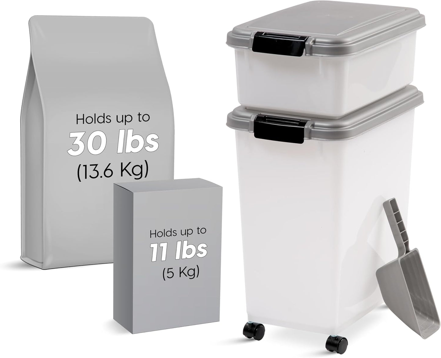 IRIS USA 30 lbs & 11 lbs Combo Airtight Dog Food Storage Container, Stackable Treat Box, 2-Cup Scoop, Wheels, Keep Fresh, Easy Mobility, Chrome