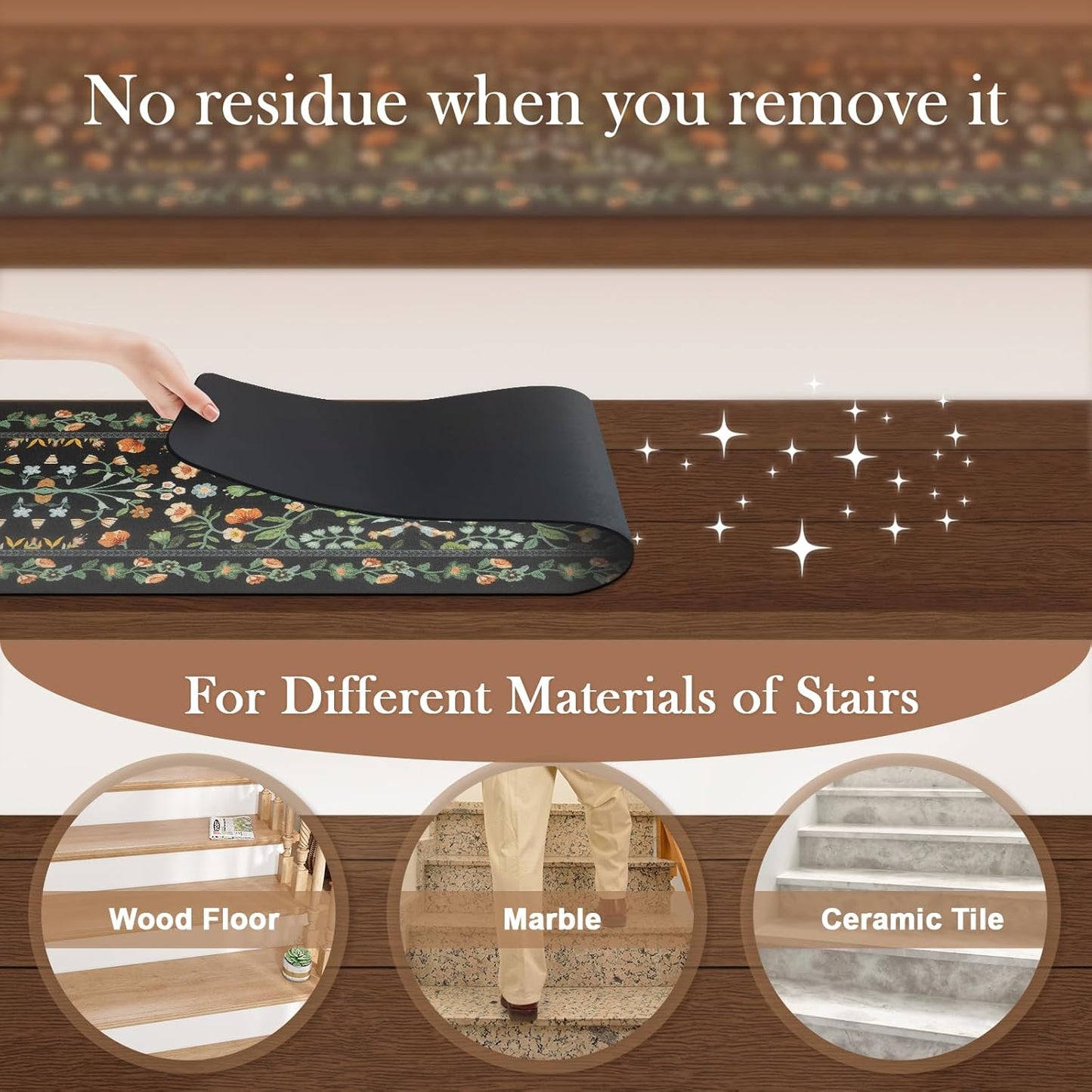 OJIA Floral Stair Treads Non-Slip Carpet Stair Treads for Wooden Steps Indoor 15PCS 30"x8" Stair Runner Stair Mats Staircase Step Treads for Kids, Elders and Dogs, Stair Covers, Black