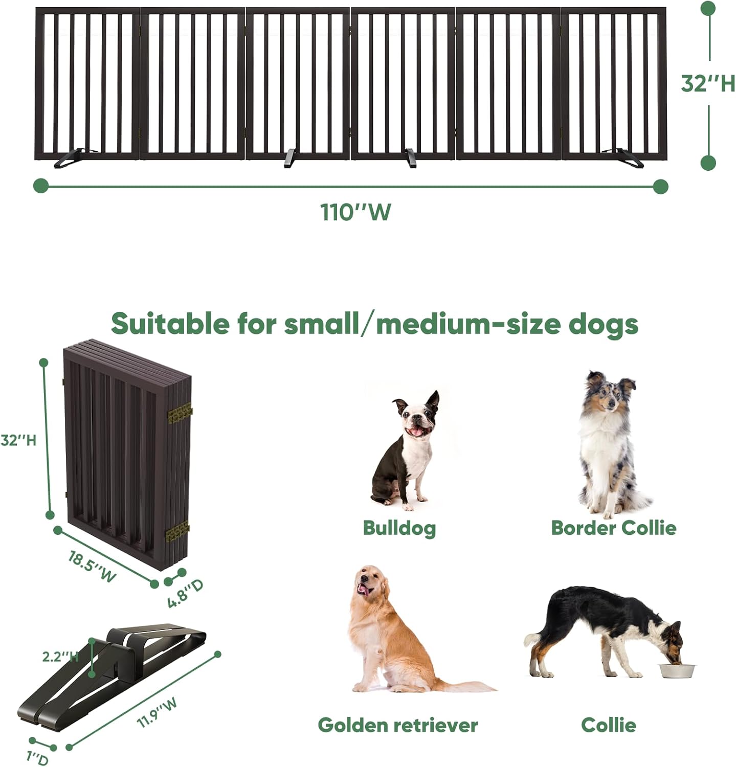 Freestanding Foldable Dog Gate - 4 Panel Room Divider with Metal Support Feet (Black)