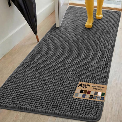 GORILLA GRIP SoakSTOPPER Dog Door Mat, 30x20 Machine Washable Rug Absorbent Doormat Captures Moisture Mud Dirt, Quick Dry Soft Chenille Entryway Rugs Indoor Entrance Mats for Dog Paws, Paw Grey