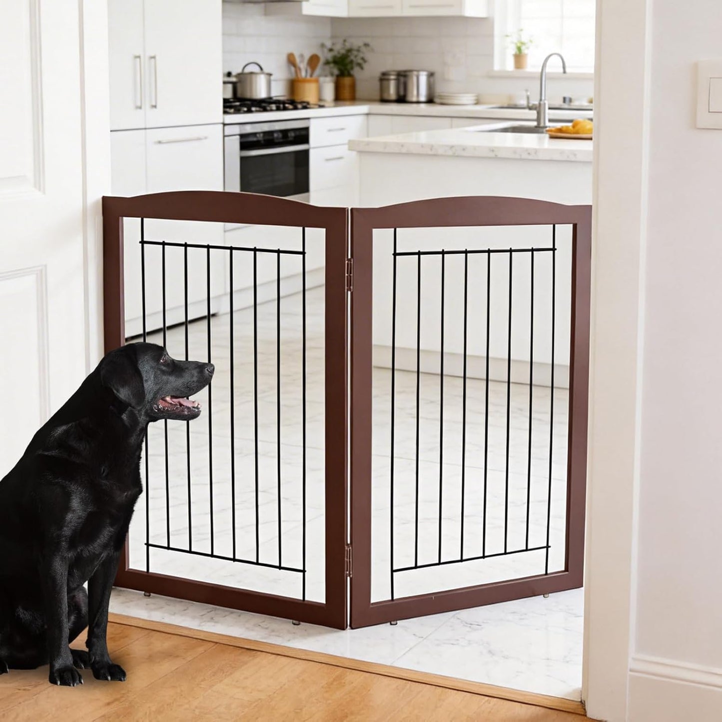 ZJSF Freestanding Foldable Dog Gate for House Extra Wide Wooden White Indoor Puppy Gate Stairs Doorways Pet Gate Tall Dog Fence 3 Panels Fence