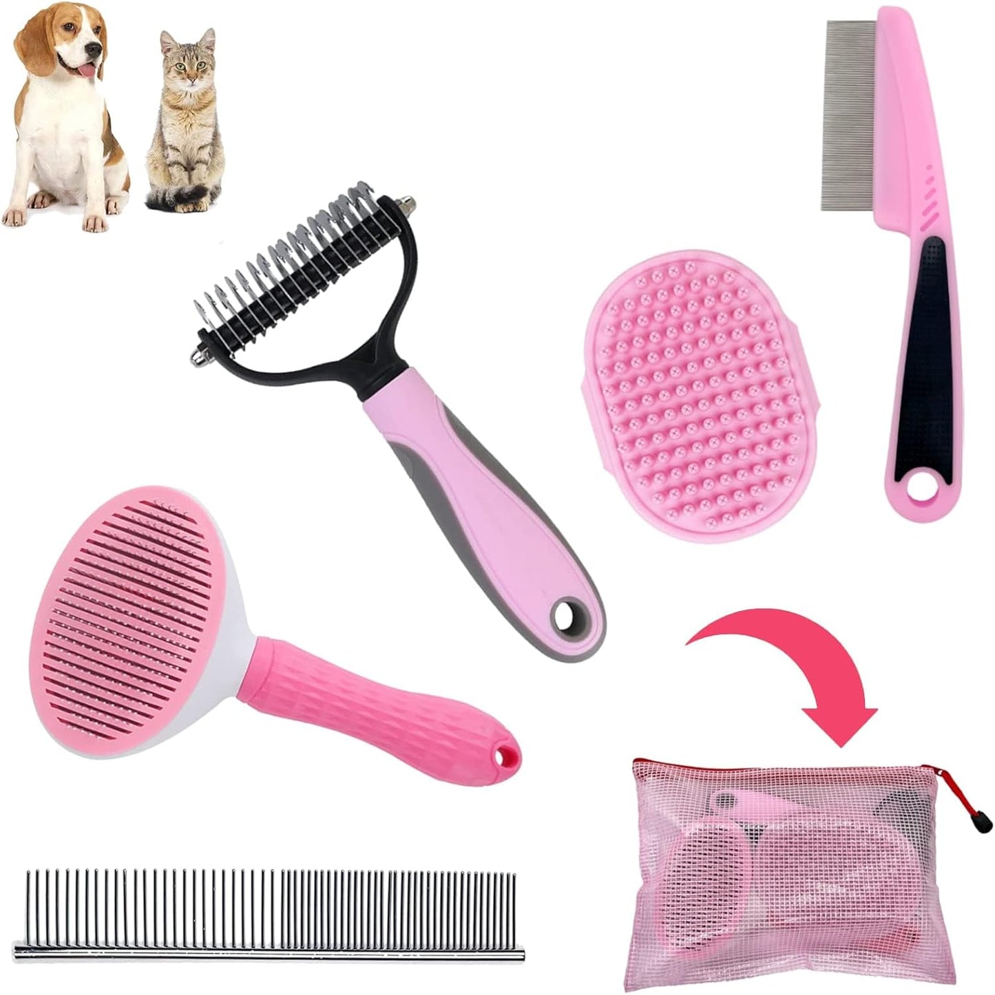Dog Brush Grooming Kit 5PCS - Dog Brush for Shedding,Puppy Brush and Flea Comb for Dogs, Slicker Brush Comb and Dog Hair Brush Set Blue, Grooming at Home or Travel